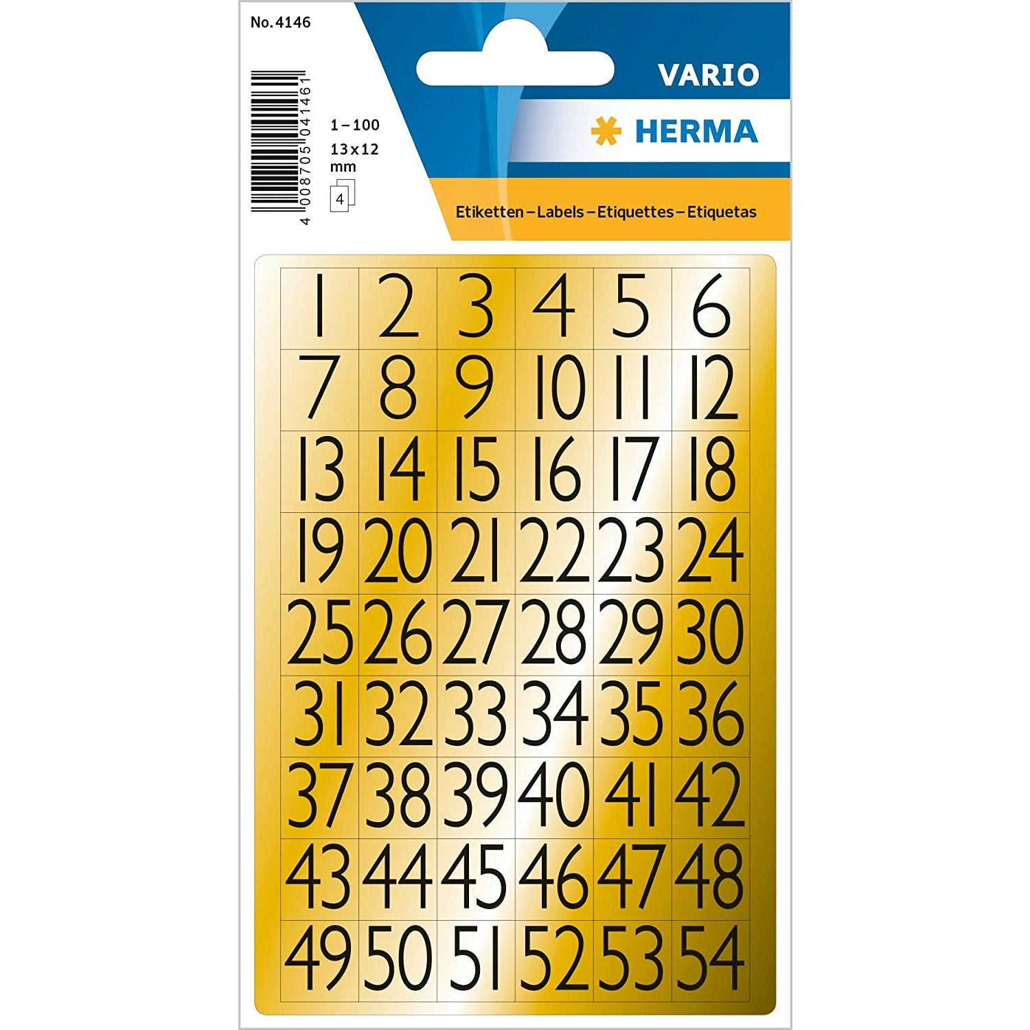 Herma Gold/Black 1-100 Numbers 13x12mm - Pack of 4 Sheets