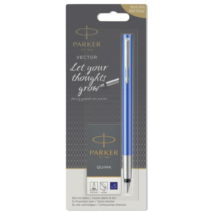 Parker Vector Fountain Pen & 5 Quink Ink Cartridges Blue