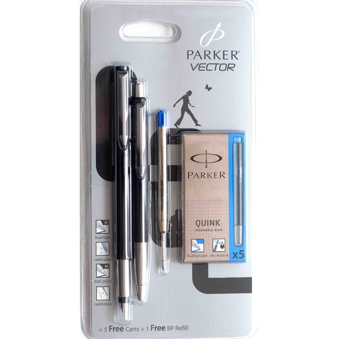 Parker Vector  Black Ballpoint & Fountain Pen Set + 5 Free Carts + 1 Free BP Refill