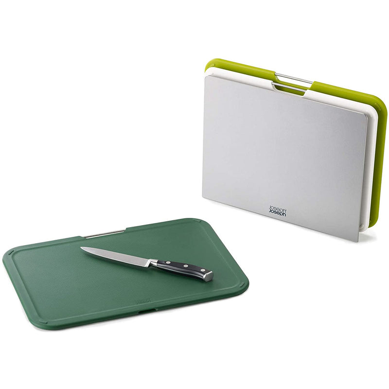 Joseph Joseph Nest Plastic Cutting Set with Storage Stand 3 Different Sized Boards, Large - Green/Grey