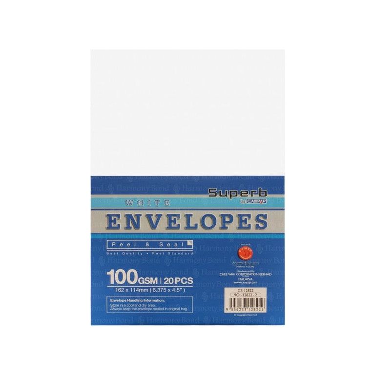 CampAp White Envelopes 162X114mm 100 GSM - Pack of 20