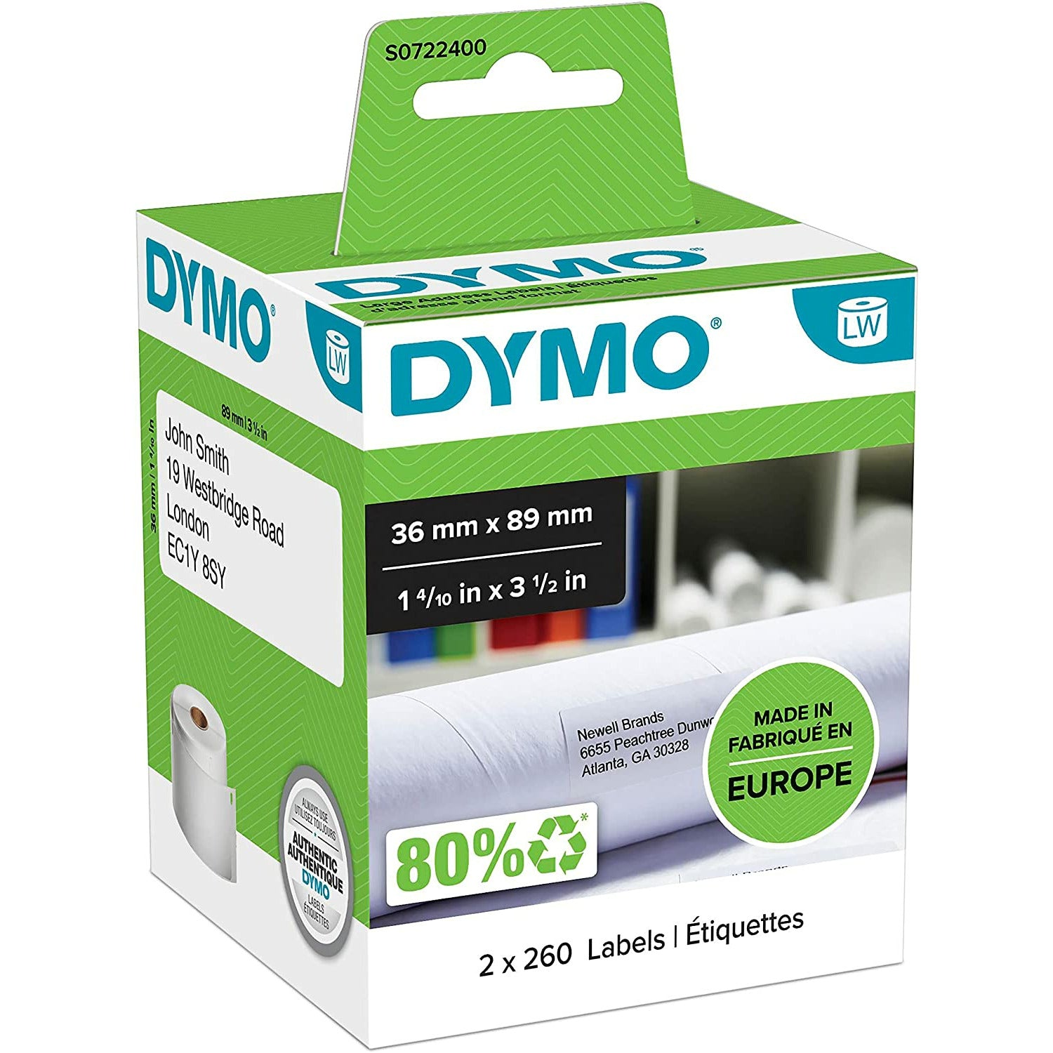 Dymo LW 36x89 mm Labels - 2 Rolls of 260