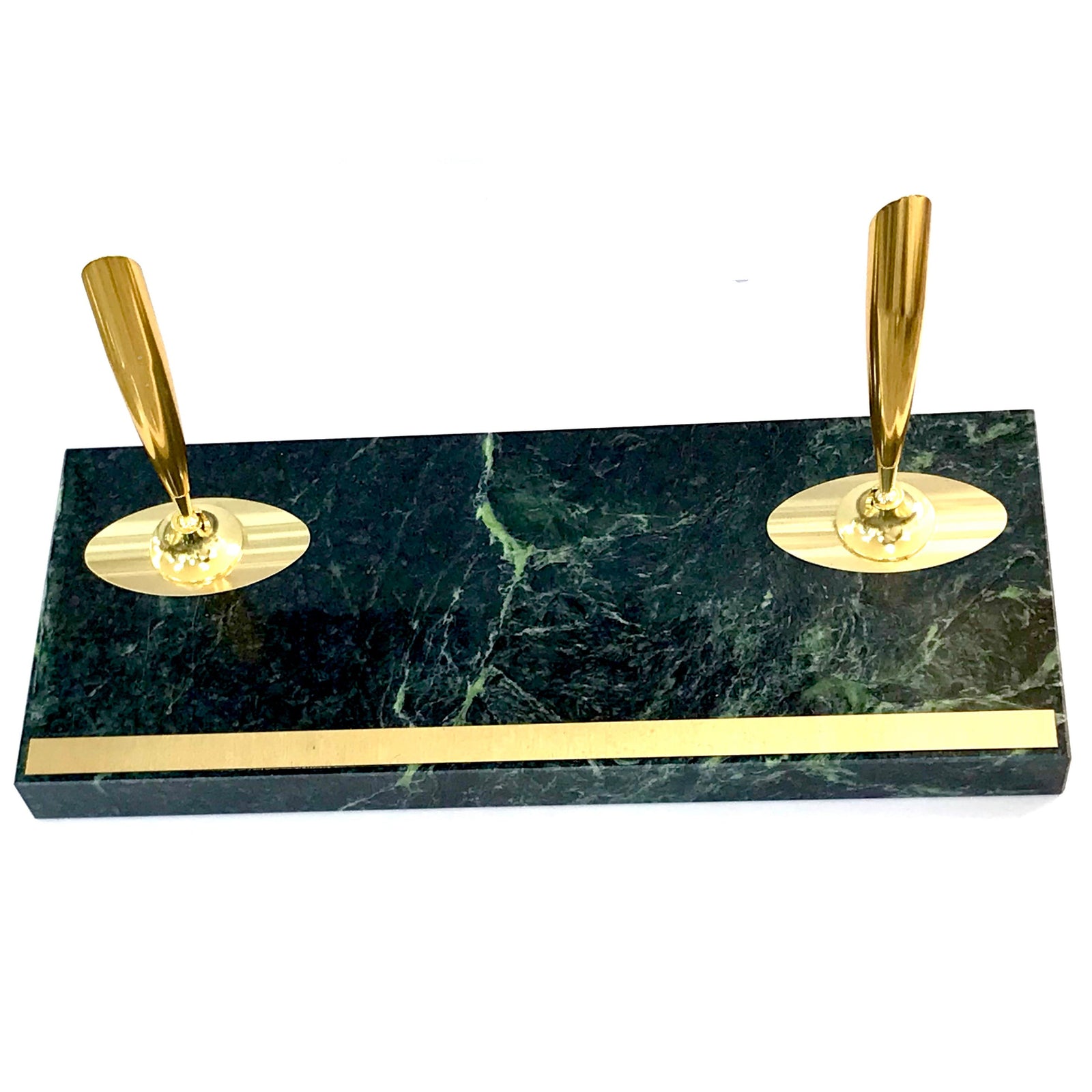 Gold Pen Stand Double Pen Natural Marble Green