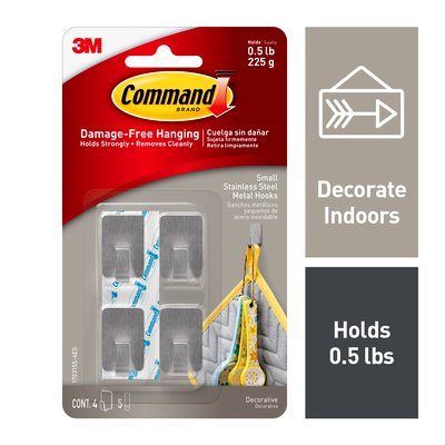 3M Small Metallic Silver Command 4 Hooks & 5 Strips Up to 225g