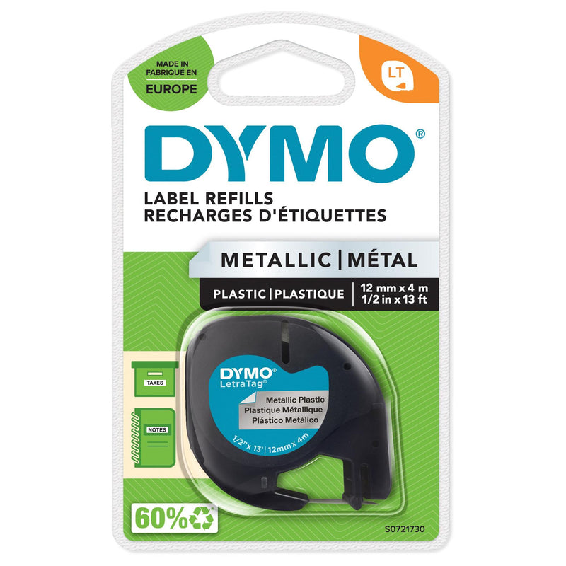 NEW Dymo LT Tape 12mm x 4 meters - Black on Metallic Plastic