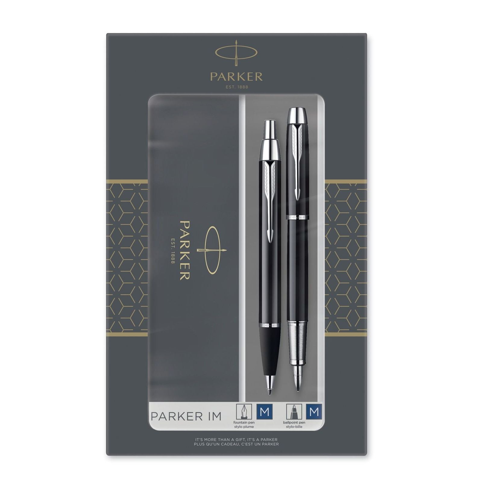 NEW Parker IM DUO Lacquered Black CT Fountain Pen + Ballpoint Pen in a Gift Box