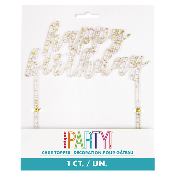 Unique Party Transparent Gold Confetti Happy Birthday Cake Topper 15x18cm