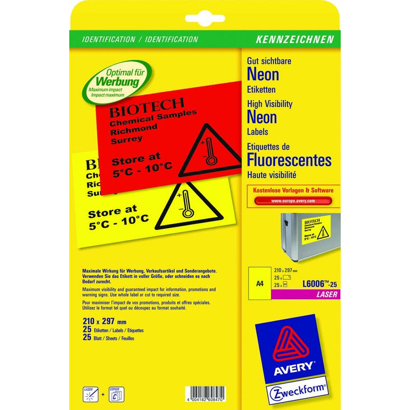 Zweckform High Visibility Neon Labels Printable A4 Sheets - Pack of 25 Sheets