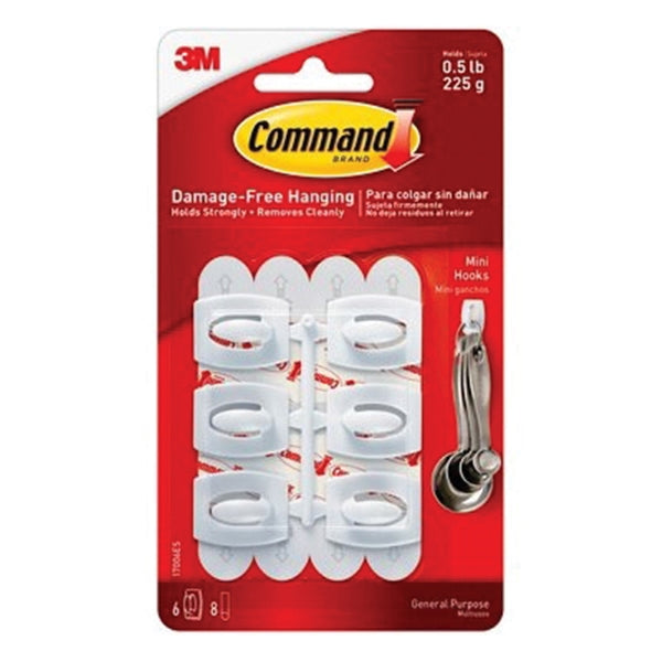 3M Command Hooks 6 White Mini Hooks & 8 Strips - 225g