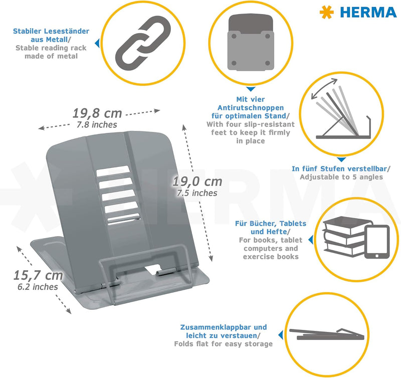 NEW HERMA Metal Book Stand Reading Rack 19,8 x 22.2 x 3.3 cm  Adjustable Anti-Slip - Pack of 1