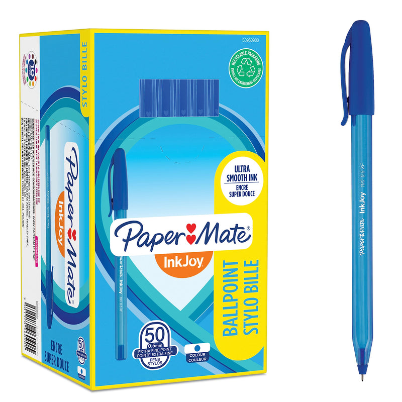 NEW Paper Mate InkJoy 100 Capped Extra Fine 0.5mm Ball Pen Blue