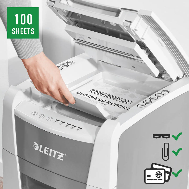 NEW Leitz Icon Auto Feed 100 Sheets P4 Cross Cut Shredder Machine - Small Office 100