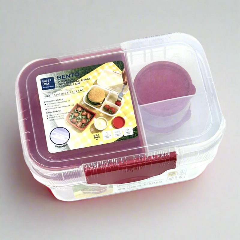 Micron Ware SUPER LOCK 3 Divider Bento Lunch Box Tupperware with Removable Tray, Sauce Cup & Lid 171x230x81mm