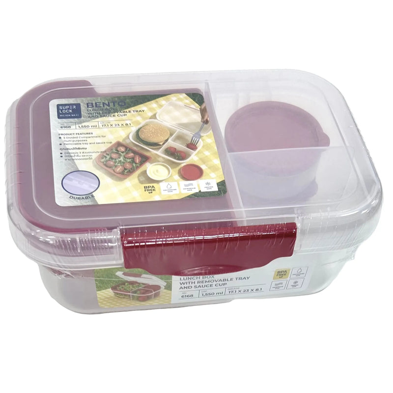 Micron Ware SUPER LOCK 3 Divider Bento Lunch Box Tupperware with Removable Tray, Sauce Cup & Lid 171x230x81mm