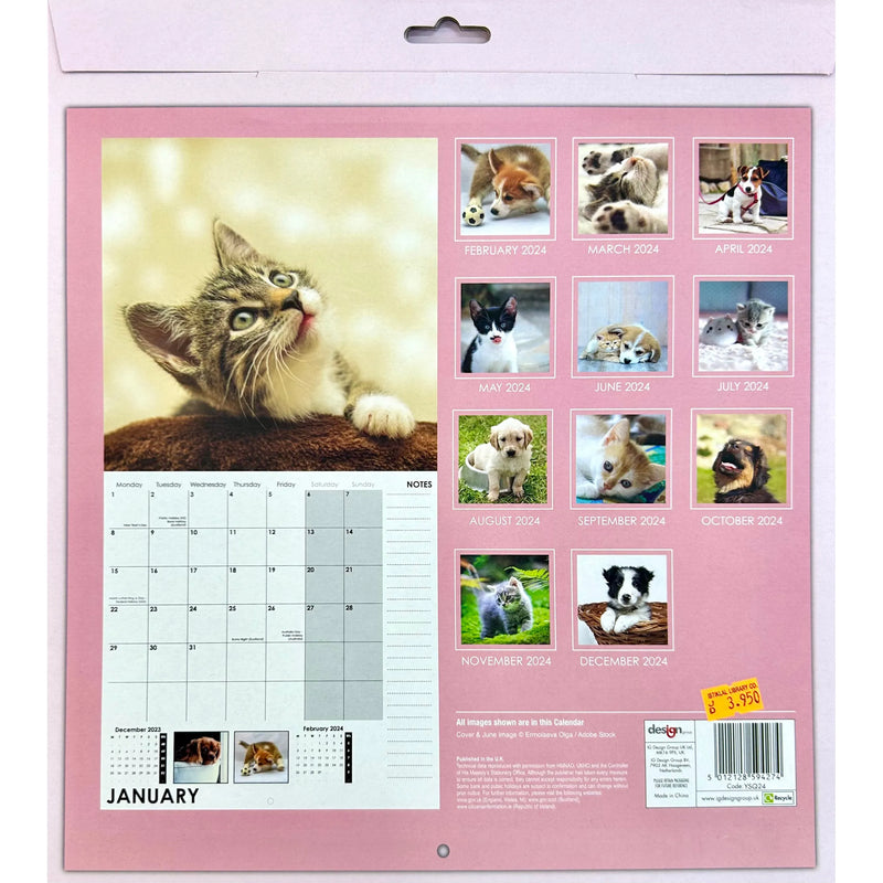 IG Design 2024 Square Wall Calendar with Pictures - Kittens & Puppies