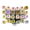 Set of colored markers with color names on a clear background