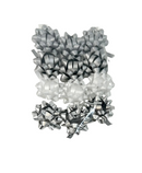 Packaged silver gift bows on a white background