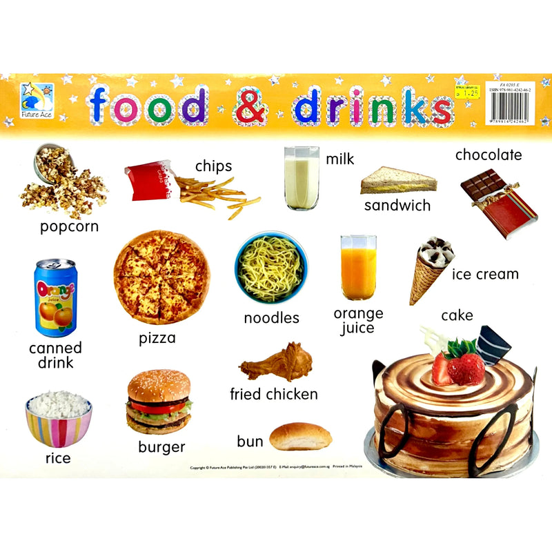 لوحة ايضاح تعليمية مصورة ملونة و مجلدة ٤٨×٣٦ سم - الطعام و الشراب 