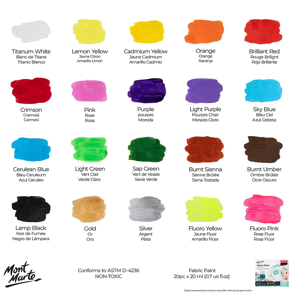 NEW Mont Marte Fabric Paint Signature 20pc x 20ml (0.7 US fl.oz) Set NEW Mont Marte Fabric Paint Signature 20pc x 20ml (0.7 US fl.oz) Set