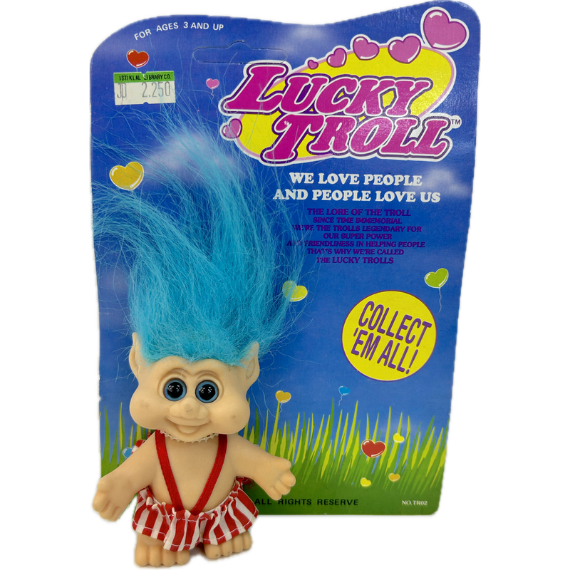 Vintage 1992  Small Lucky Troll Doll Carded Original Packaging - Striped Overhauls