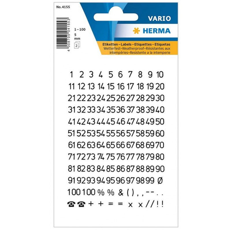 Herma Weatherproof 1-100 Numbers Black on Transparent Square 5x7mm Labels - Pack of 2 Sheets