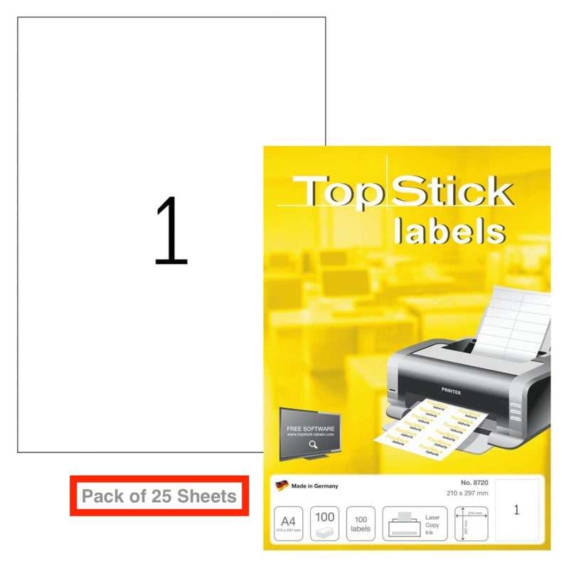 Top Stick A4 Labels 1 Per Sheet 210mm x 297mm - 25 Sheets