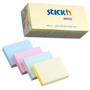 Hopax Stick'N Notes - 1.5"x2"  Pastel Assorted 100 Sheets/Pad -Pack of 12 pads