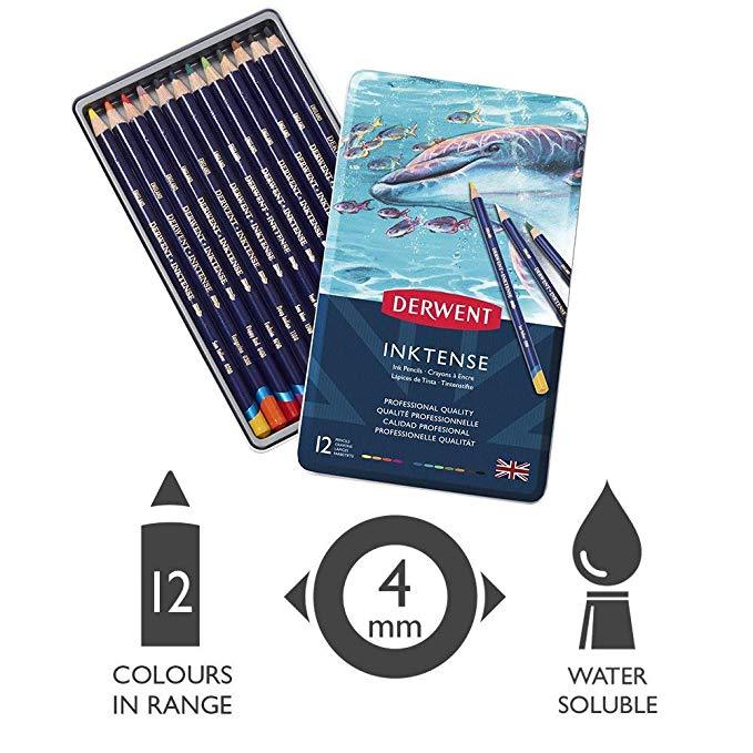 Derwent Inktense Permanent Watercolour Pencils 4mm Premium Core Water-Soluble Ideal for Colouring Painting and Crafting Professional Quality - Tin Set