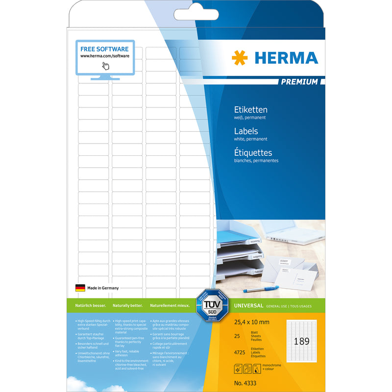 Herma Premium A4 Labels 189 Per Sheet 25.4mm x 10mm - 25 Sheets
