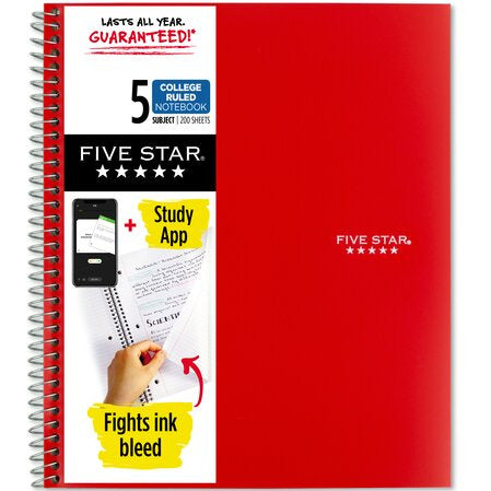 Mead Five Star 5 Subject College Ruled 200 Sheets Spiral Notebook - A4