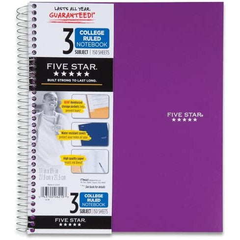 Mead Five Star 3 Subject Wide Ruled 150 Sheets Spiral Notebook - A4