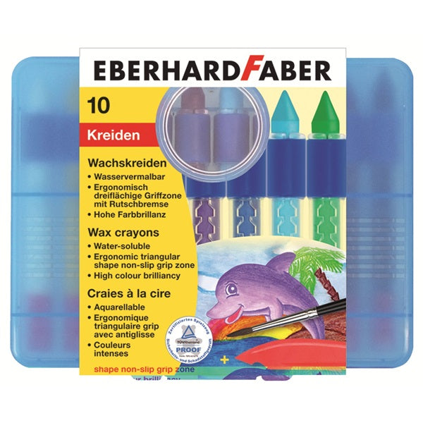 Eberhard Faber Wax Crayons Triangular Grip Vibrant Colors in Plastic Box - Set of 10