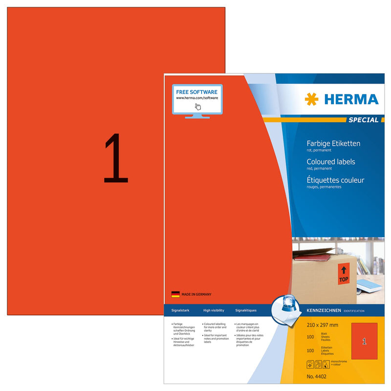 Herma Coloured Permanent Labels 210x297 mm A4 - Pack of 100 Sheets