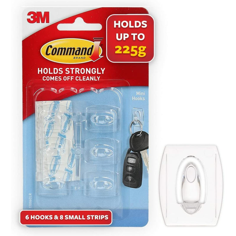 3M Transparent Mini Command 6 Hooks & 8 Strips Up to 225g