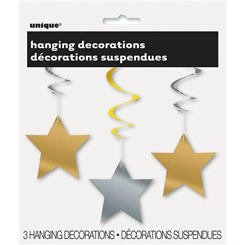 Unique Party Gold & Silver Stars Hanging Decoration 65cm - Pack of 3