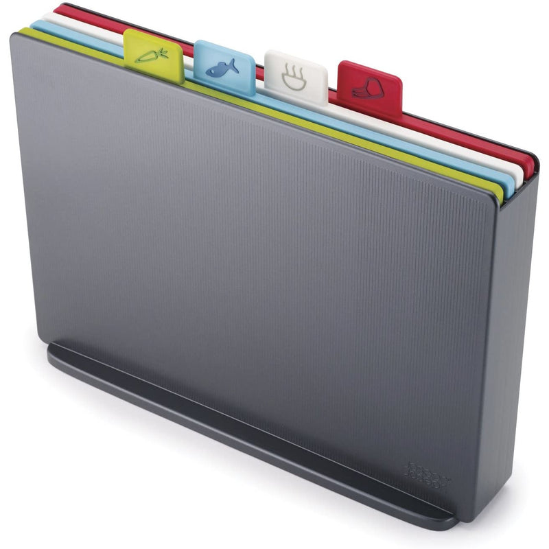 Joseph Joseph Index Plastic Cutting Board Set with Storage Case Color-Coded Dishwasher-Safe Non-Slip, Large -Silver/Graphite