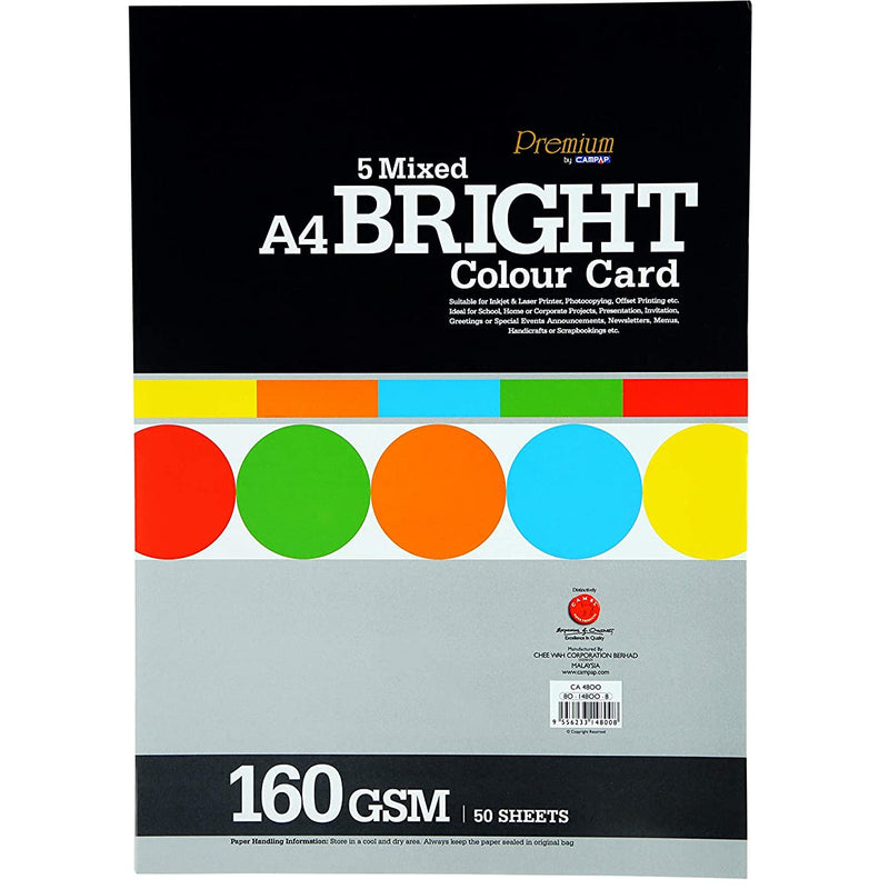 CampAp Premium 5 Mixed Bright Colors Card Stock A4 160g - Pack of 50