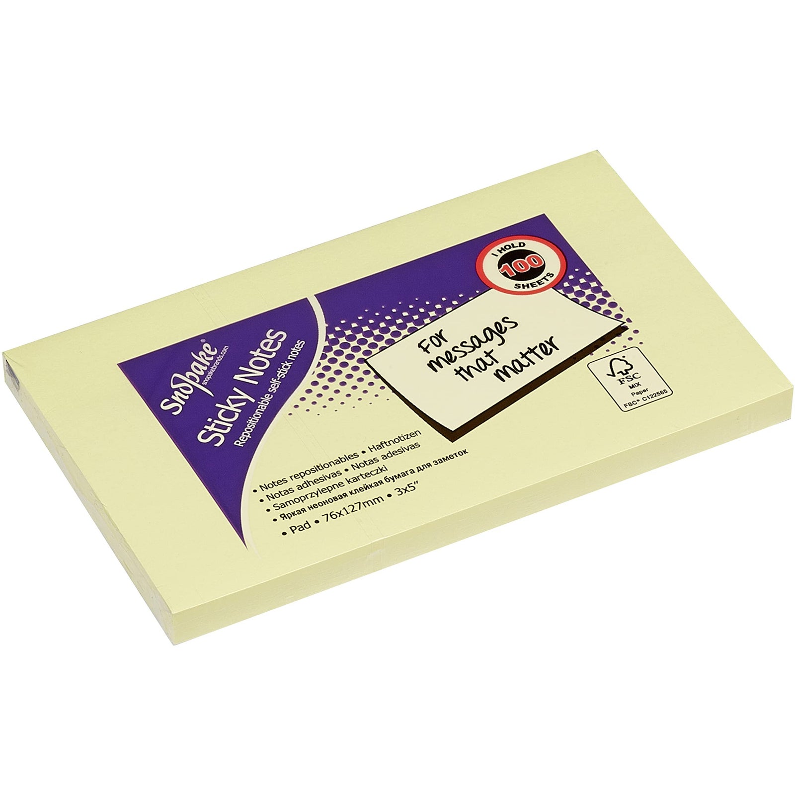 Snopake Sticky Notes 76x127 mm Yellow 100 Sheets Single Pad