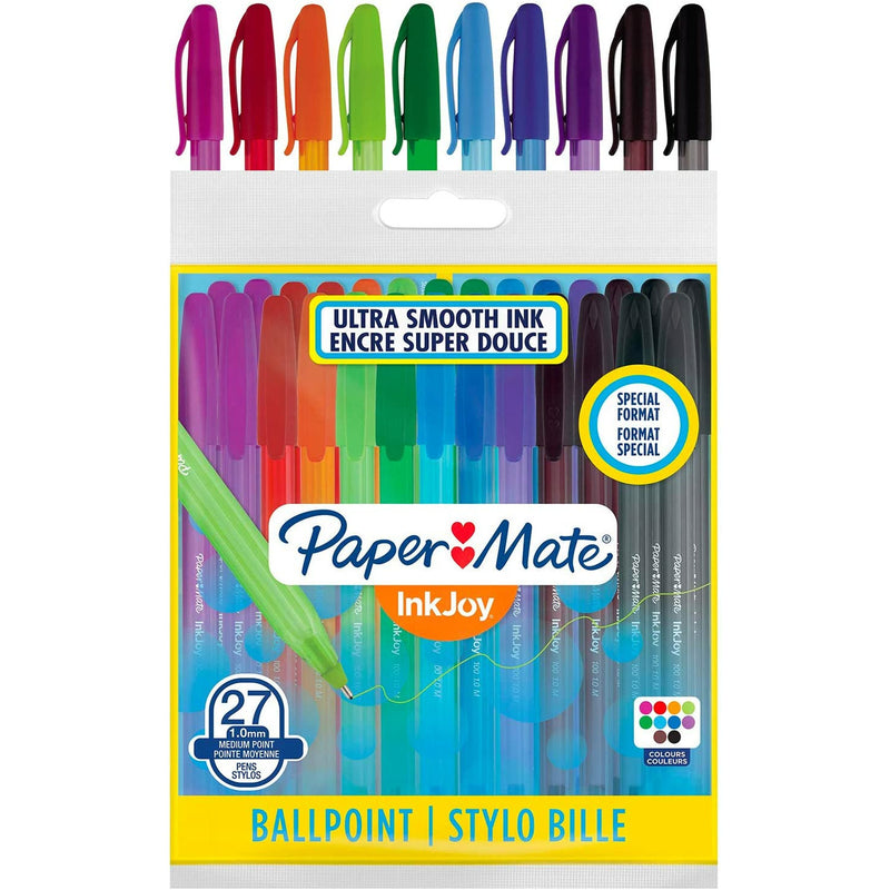 Paper Mate InkJoy 100 Capped Ball Pen with 1.0 mm Medium Tip - Assorted Fun Colours, Pack of 27