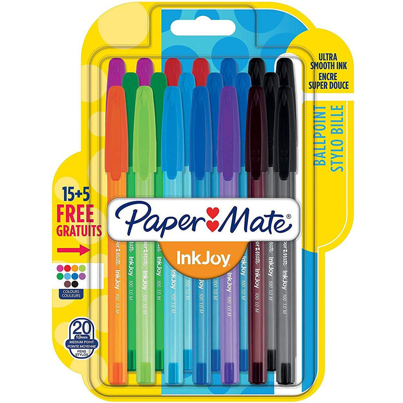Paper Mate InkJoy 100 Capped Ball Pen with 1.0 mm Medium Tip - Assorted Fun Colours, Pack of 15 + 5