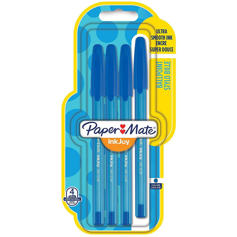 Paper Mate InkJoy 100 Capped Ball Pen with 1.0 mm Medium Tip - Blue, Pack of 4