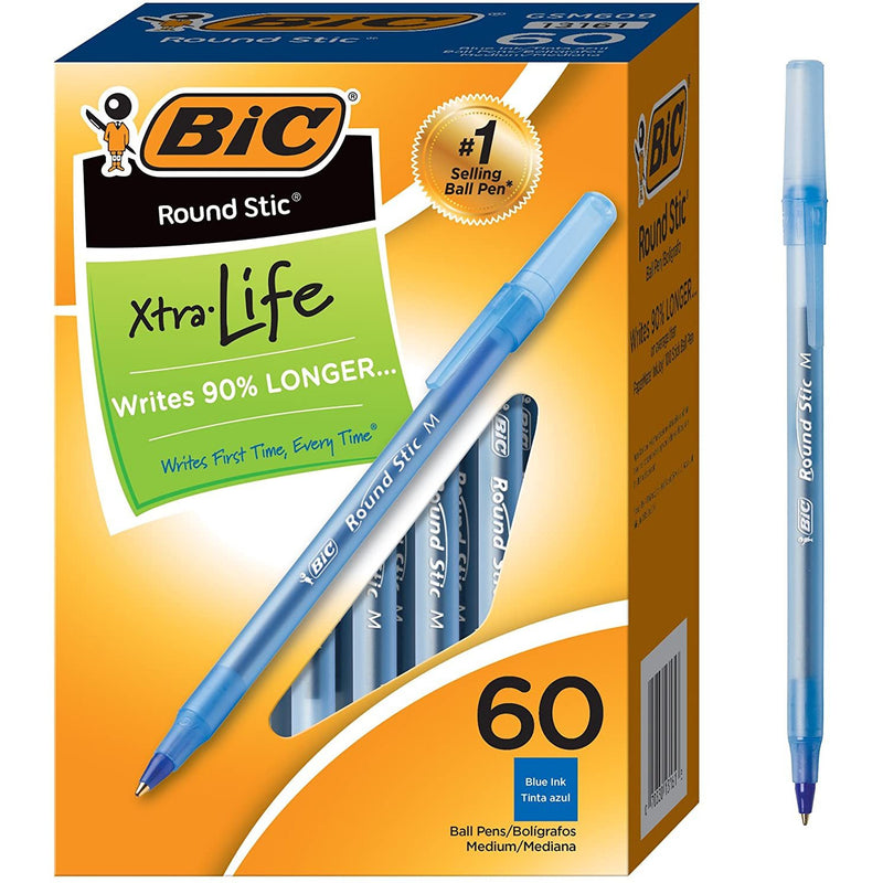 قلم حبر جاف مع غطاء خط متوسط بك امريكي جسم دائري سعة ٦٠ أزرق