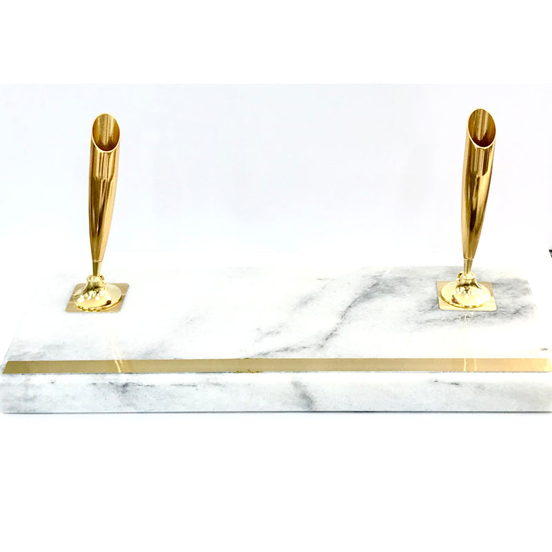 Gold Pen Stand Double Pen Natural Marble White & Grey Veins
