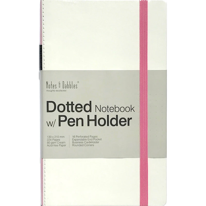 Notes & Dabbles Flynn Dotted Notebook Journal White Hard Cover with Pen Holder - A5