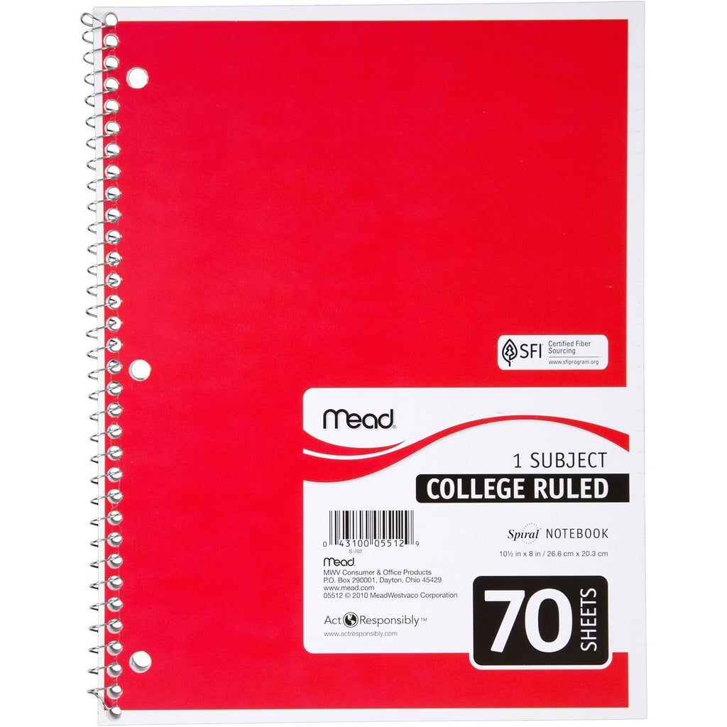 Mead Notebook Solid Red Mead 1 Subject Wide Ruled 70 Sheets Spiral Notebook - A4 – Istiklal Library