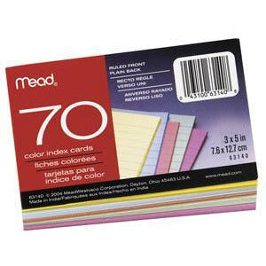 Mead Index Cards 3"x5" Color - Pack of 70 Cards